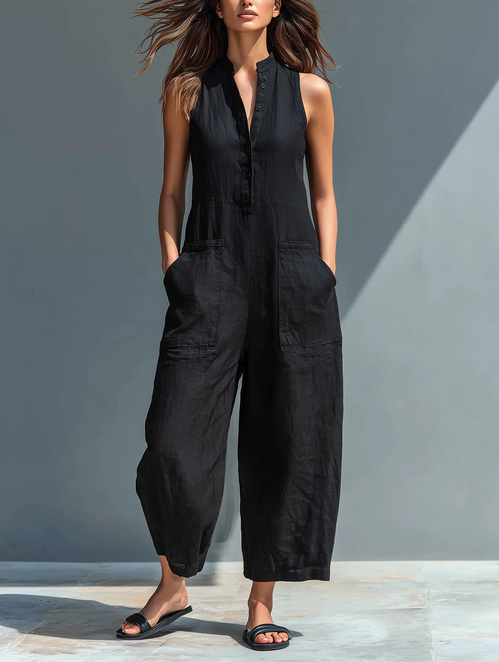 Jodie | Women's Minimalist Linen Blend Button-Up Stand-Collar Sleeveless Loose Jumpsuit oaklynwear