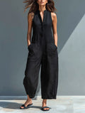 Jodie | Women's Minimalist Linen Blend Button-Up Stand-Collar Sleeveless Loose Jumpsuit oaklynwear