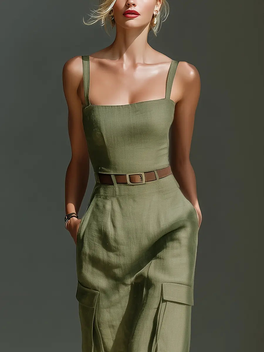 Stevie | Women's Olive Green Linen Fabric Sleeveless Midi Dress With Cargo Pockets & Belted Waist oaklynwear