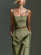 Stevie | Women's Olive Green Linen Fabric Sleeveless Midi Dress With Cargo Pockets & Belted Waist oaklynwear