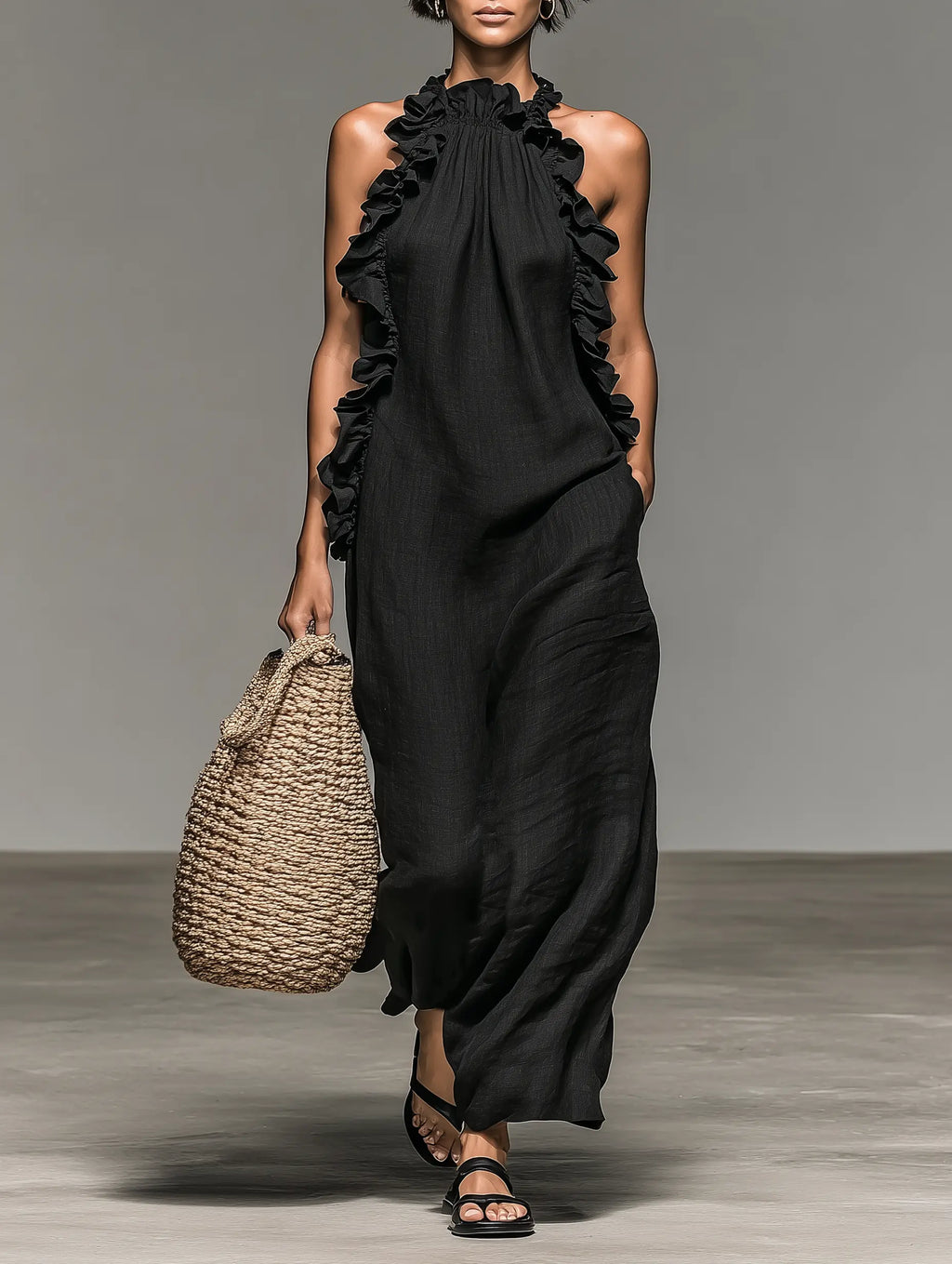 Elaine | Women's Minimalist Linen-Blend Sleeveless Maxi Dress With Ruffle Details oaklynwear