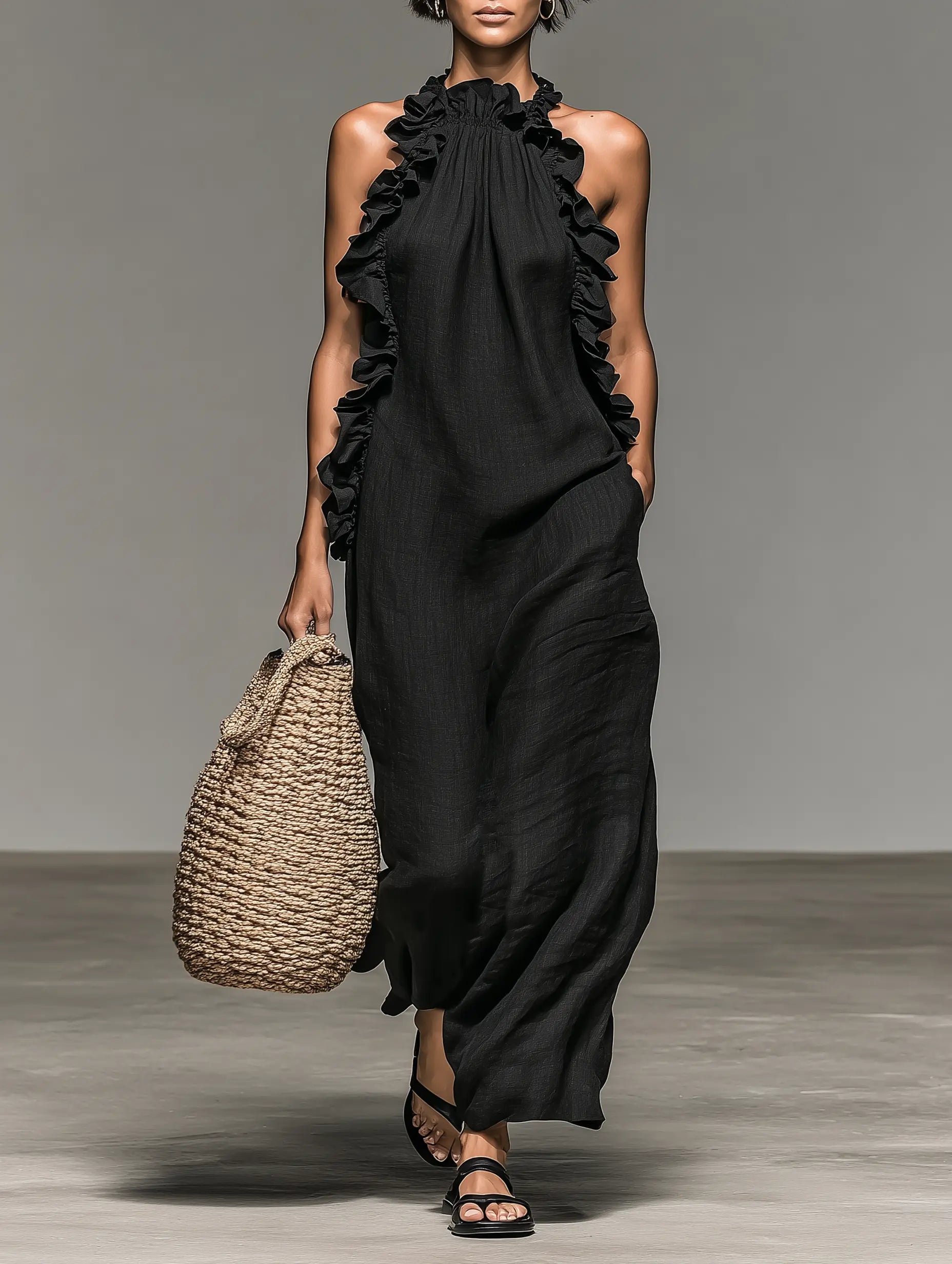 Elaine | Women's Minimalist Linen-Blend Sleeveless Maxi Dress With Ruffle Details oaklynwear