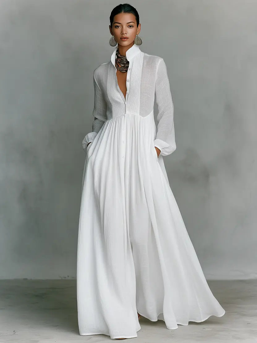 Miriam | Minimalist Cotton And Linen Patchwork Long-Sleeved Maxi Dress oaklynwear