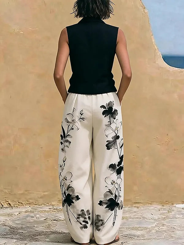 Black Floral Embroidered Sleeveless Lapel Vest & Floral Wide Leg Pants 2-Piece Suit oaklynwear