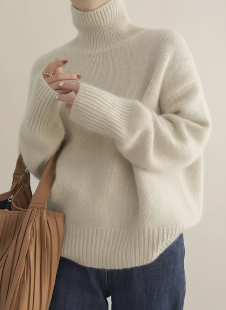 Women's oversized turtleneck sweater in soft fuzzy knit with ribbed cuffs