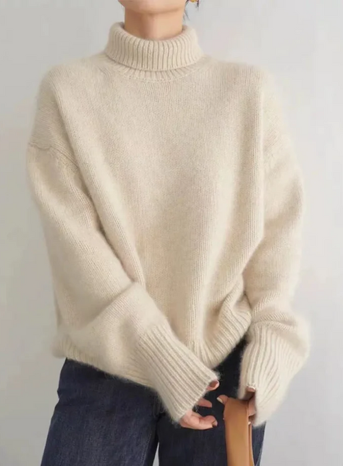 Women's oversized turtleneck sweater in soft fuzzy knit with ribbed cuffs - view 2