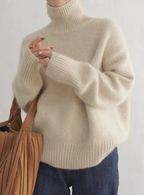 Women's oversized turtleneck sweater in soft fuzzy knit with ribbed cuffs - view 3