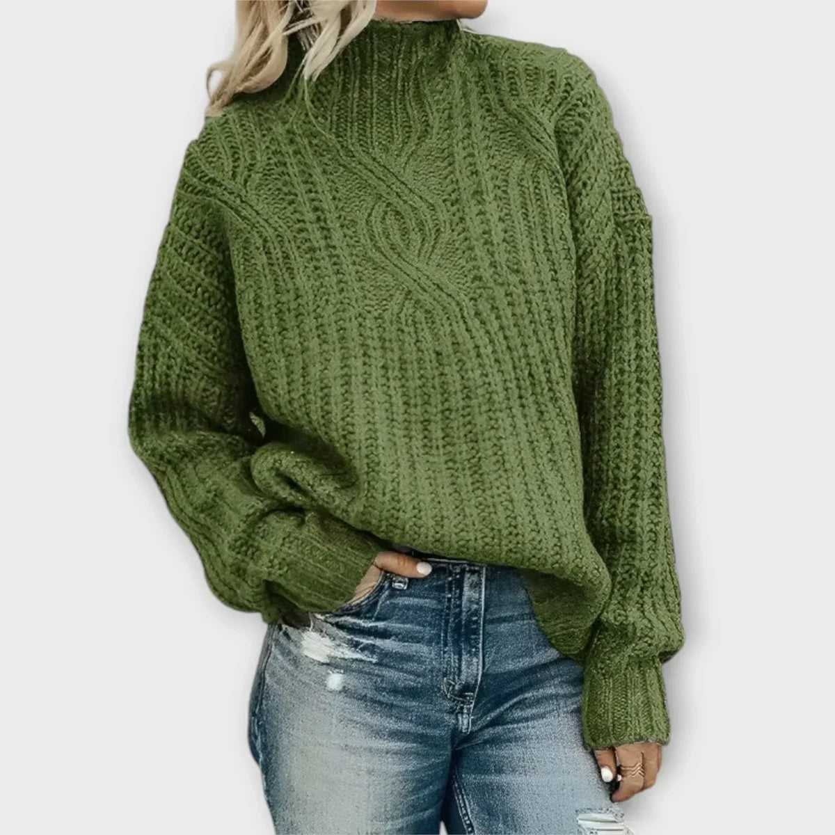 Women's cable knit mock neck sweater with drop shoulders and ribbed cuffs - view 2