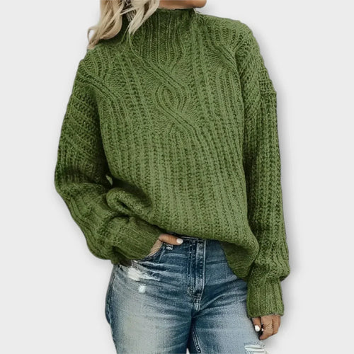 Women's cable knit mock neck sweater with drop shoulders and ribbed cuffs - view 2