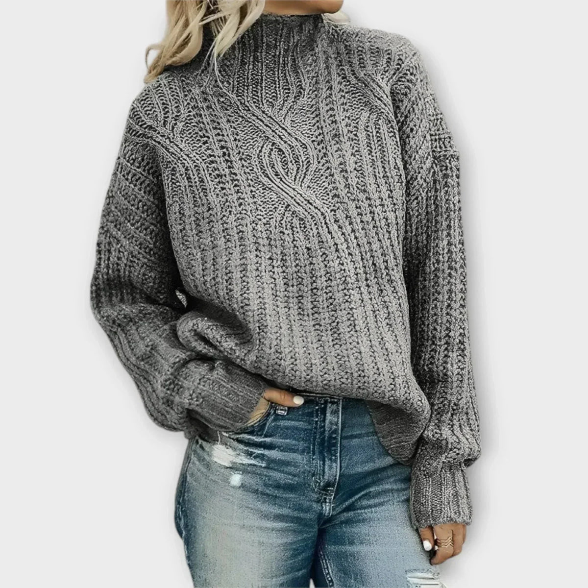 Women's cable knit mock neck sweater with drop shoulders and ribbed cuffs - view 3