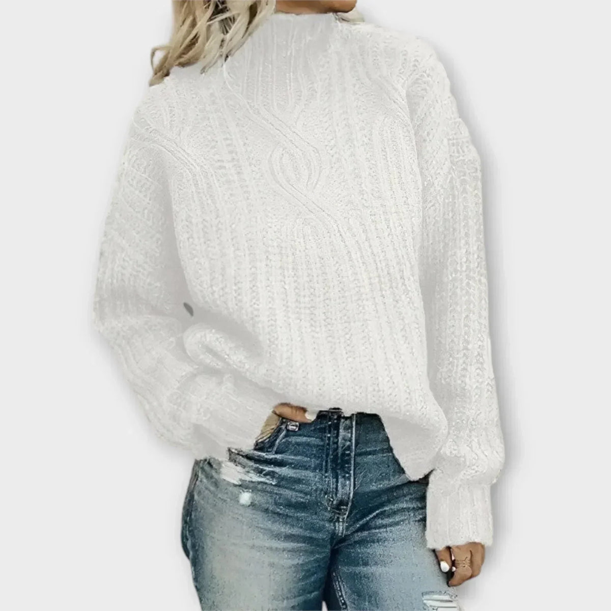 Women's cable knit mock neck sweater with drop shoulders and ribbed cuffs - view 4