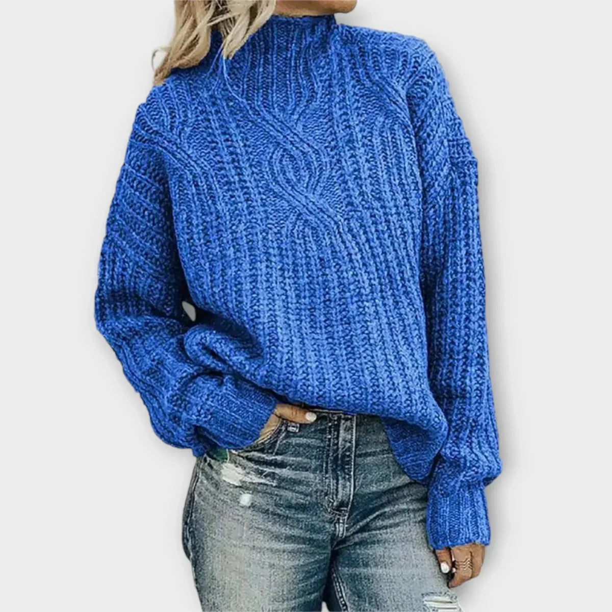 Women's cable knit mock neck sweater with drop shoulders and ribbed cuffs - view 5