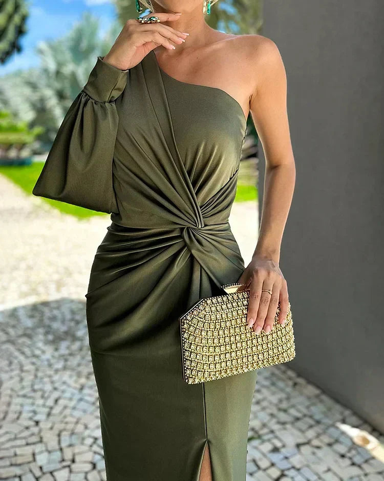 Woman wearing a green one-shoulder satin maxi dress with twist-knot waist and front slit - view 2