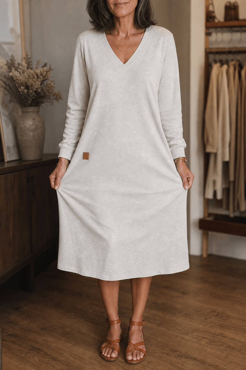 Woman wearing a relaxed A-line V-neck midi sweater dress with long sleeves