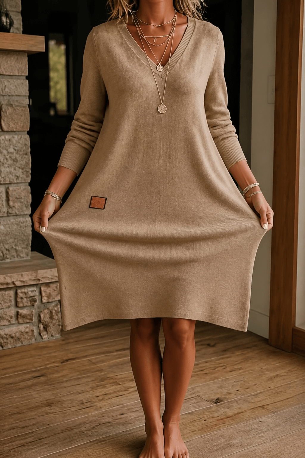 Woman wearing a relaxed A-line V-neck midi sweater dress with long sleeves - view 11