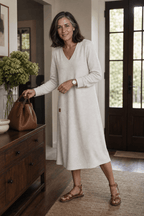 Woman wearing a relaxed A-line V-neck midi sweater dress with long sleeves - view 2