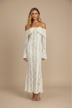 Cream off-shoulder long sleeve lace maxi dress with flared cuffs and fluted hem