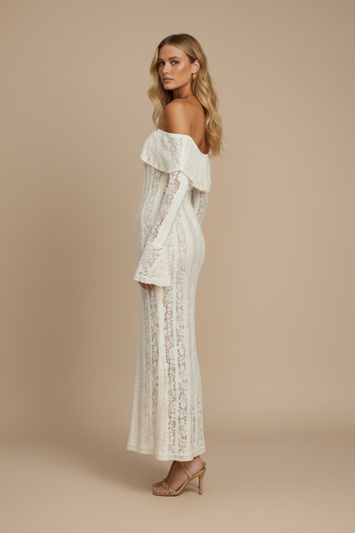 Cream off-shoulder long sleeve lace maxi dress with flared cuffs and fluted hem - view 2