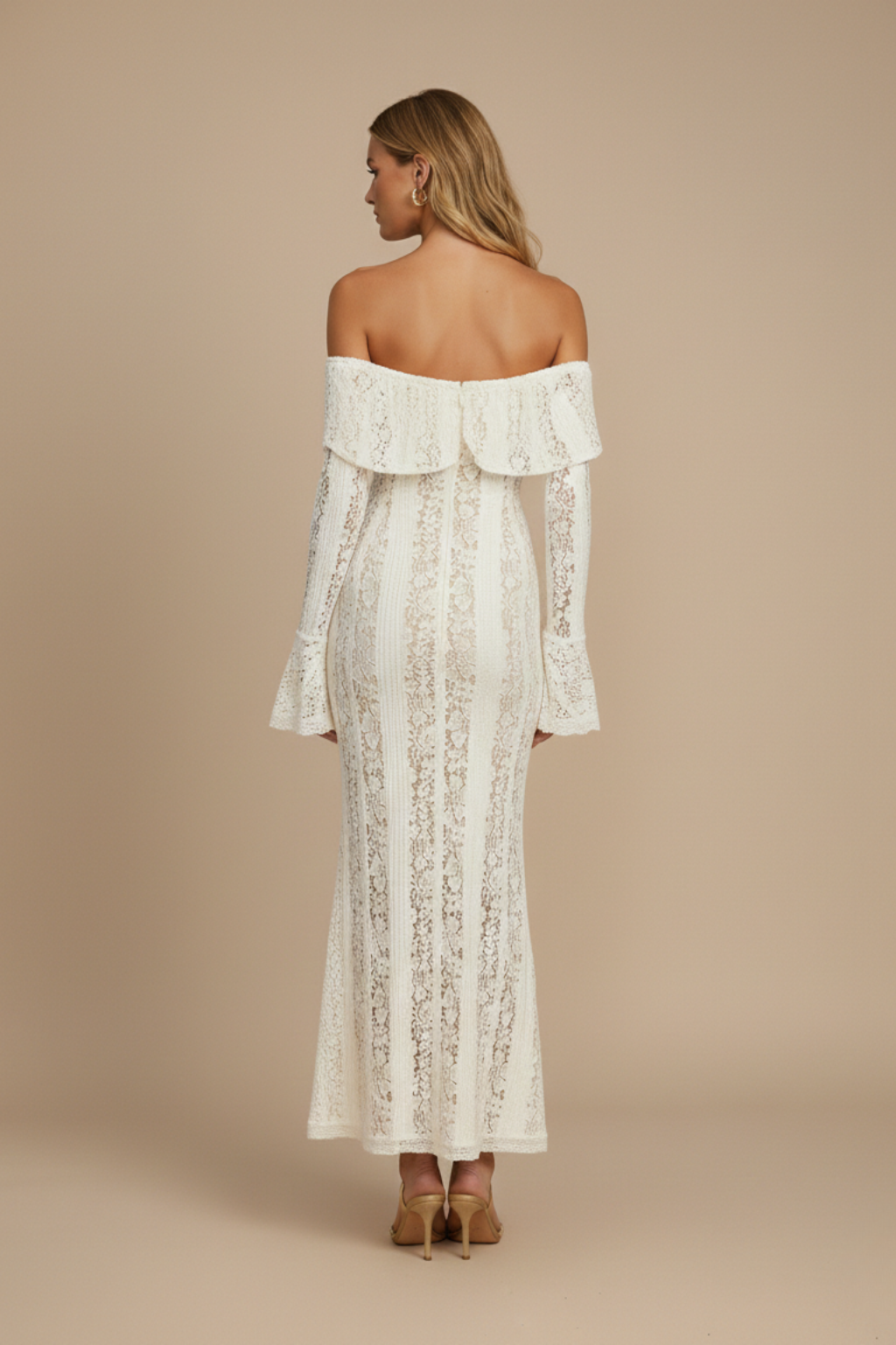 Cream off-shoulder long sleeve lace maxi dress with flared cuffs and fluted hem - view 3