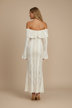 Cream off-shoulder long sleeve lace maxi dress with flared cuffs and fluted hem - view 3