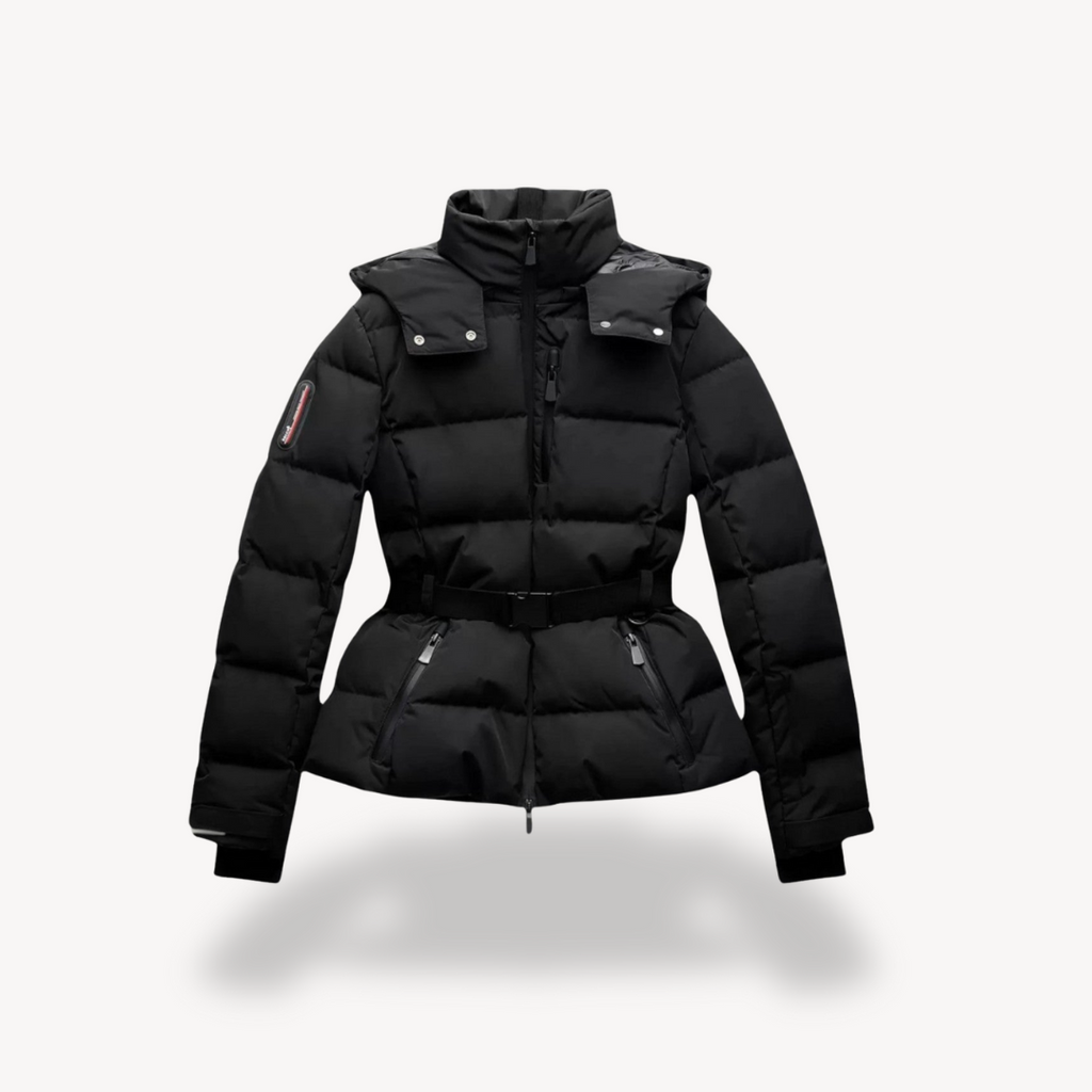 Black belted puffer jacket for women with hood, quilted channels and peplum hem