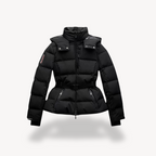 Black belted puffer jacket for women with hood, quilted channels and peplum hem