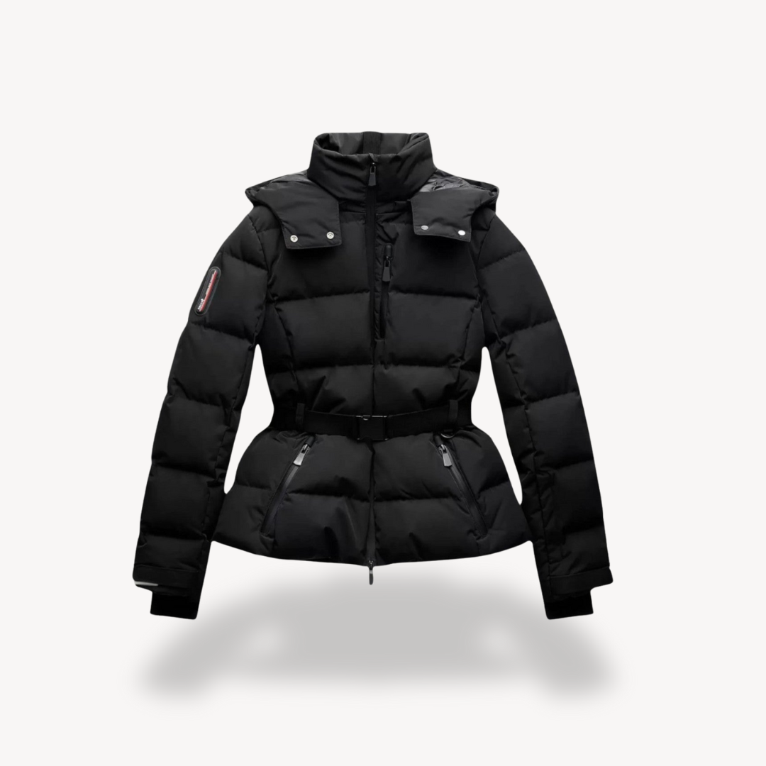 Black belted puffer jacket for women with hood, quilted channels and peplum hem