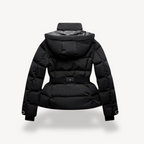 Black belted puffer jacket for women with hood, quilted channels and peplum hem - view 2