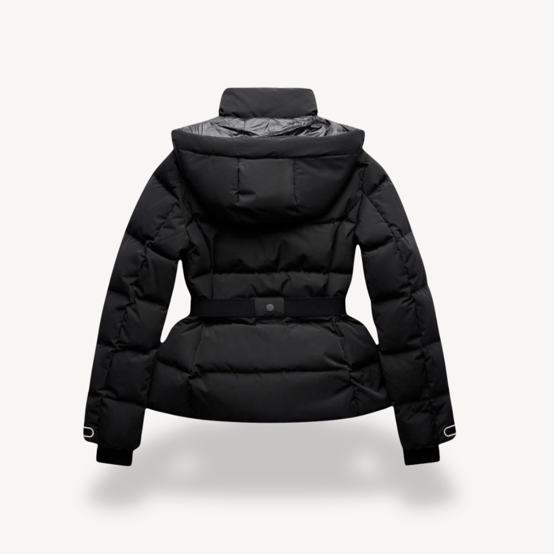 Black belted puffer jacket for women with hood, quilted channels and peplum hem - view 2