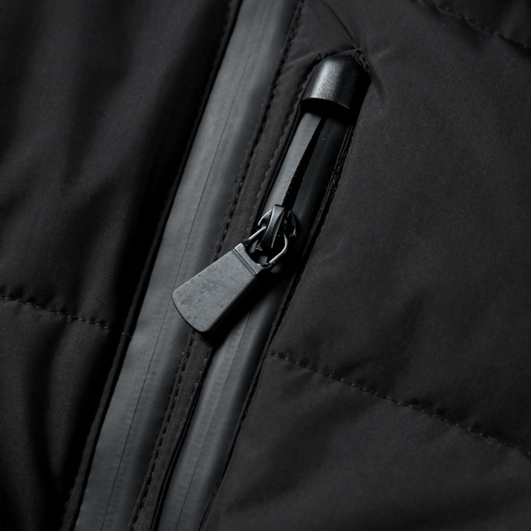 Black belted puffer jacket for women with hood, quilted channels and peplum hem - view 3