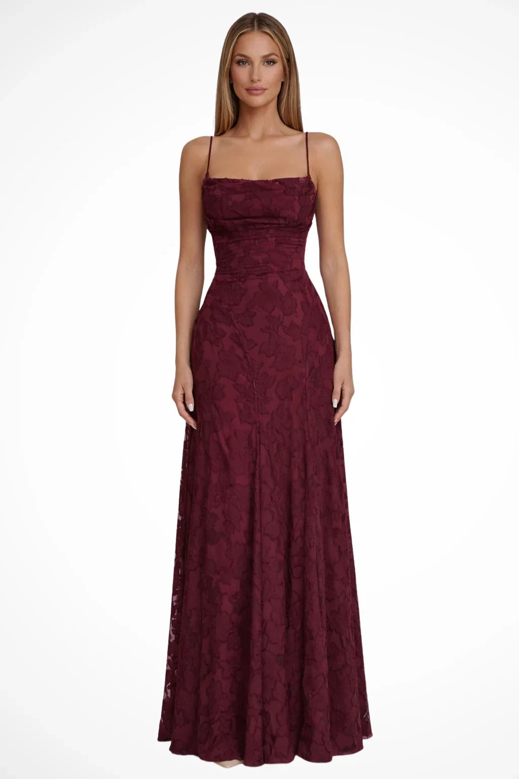 Floral jacquard formal maxi dress with spaghetti straps and lace-up open back