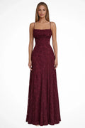 Floral jacquard formal maxi dress with spaghetti straps and lace-up open back