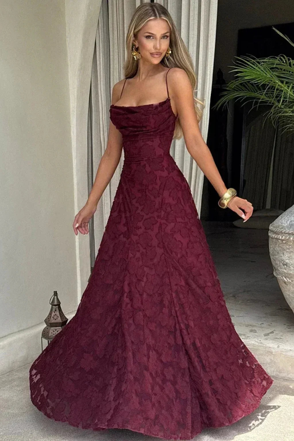 Floral jacquard formal maxi dress with spaghetti straps and lace-up open back - view 2