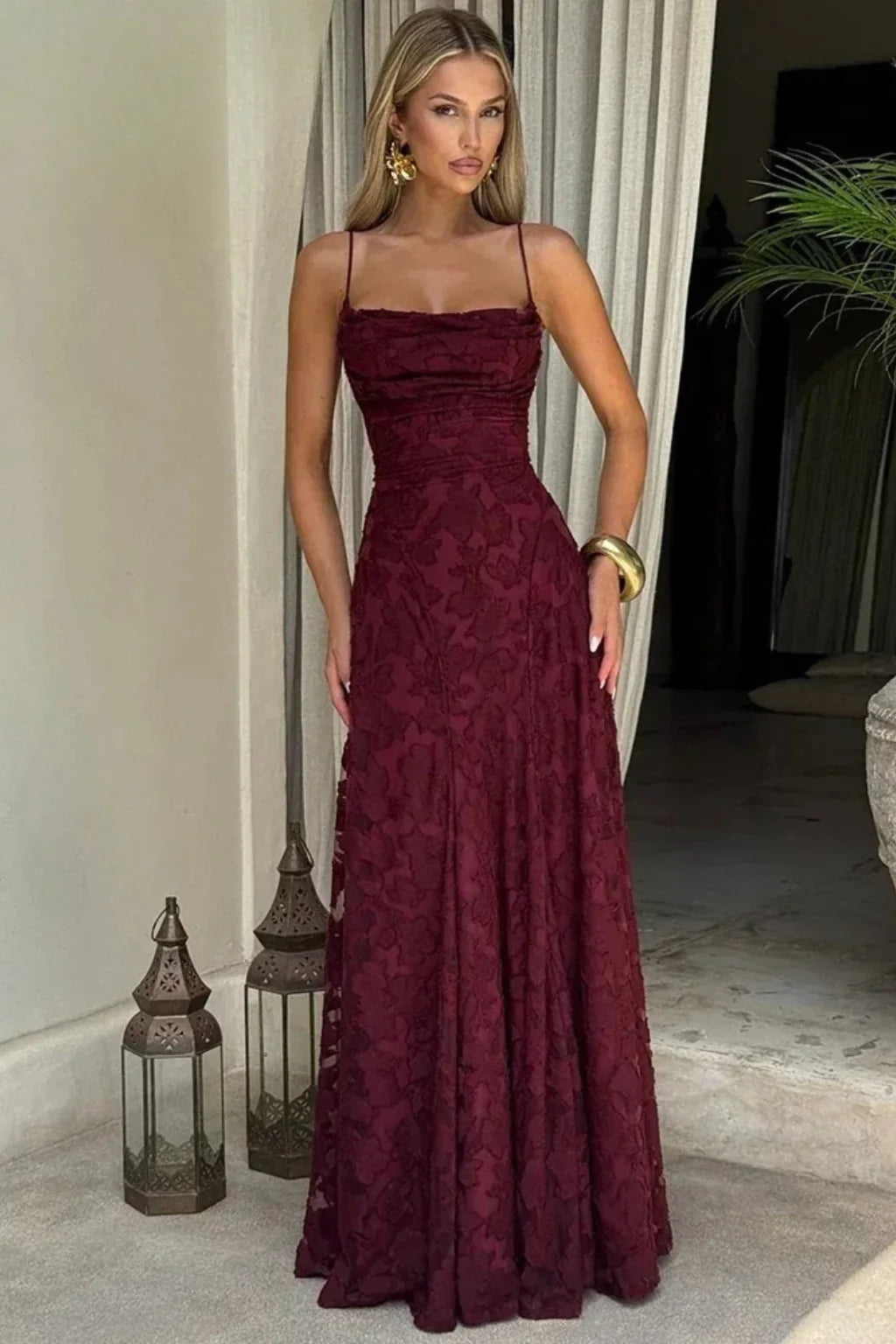 Floral jacquard formal maxi dress with spaghetti straps and lace-up open back - view 3