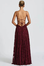 Floral jacquard formal maxi dress with spaghetti straps and lace-up open back - view 4