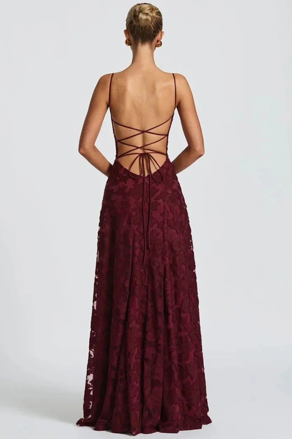 Floral jacquard formal maxi dress with spaghetti straps and lace-up open back - view 4
