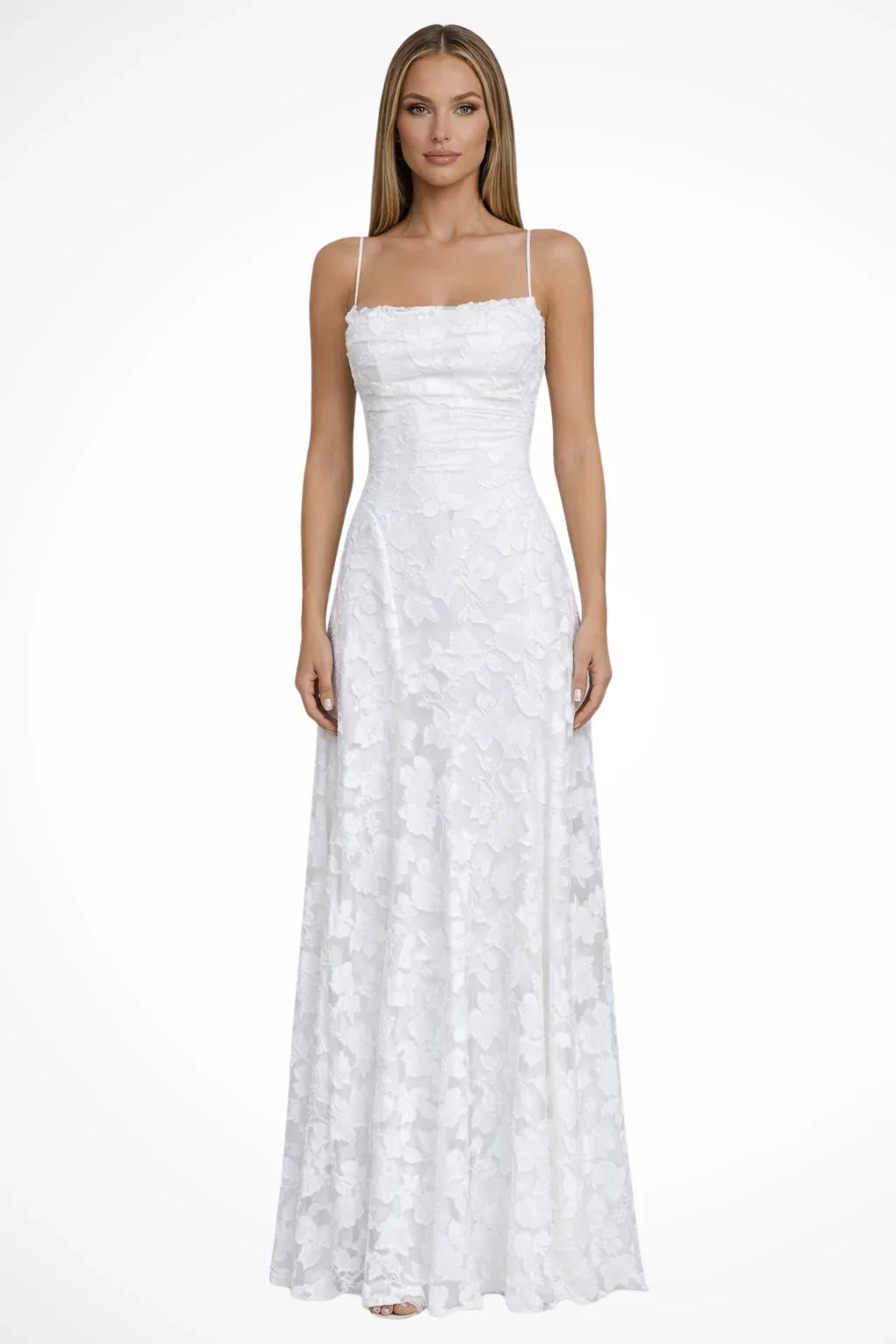 Floral jacquard formal maxi dress with spaghetti straps and lace-up open back - view 5
