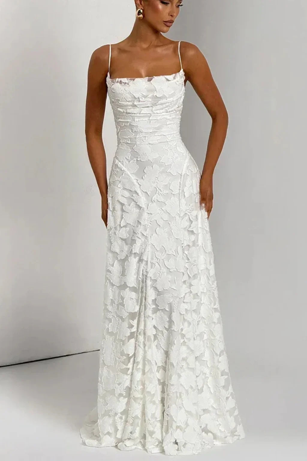 Floral jacquard formal maxi dress with spaghetti straps and lace-up open back - view 6