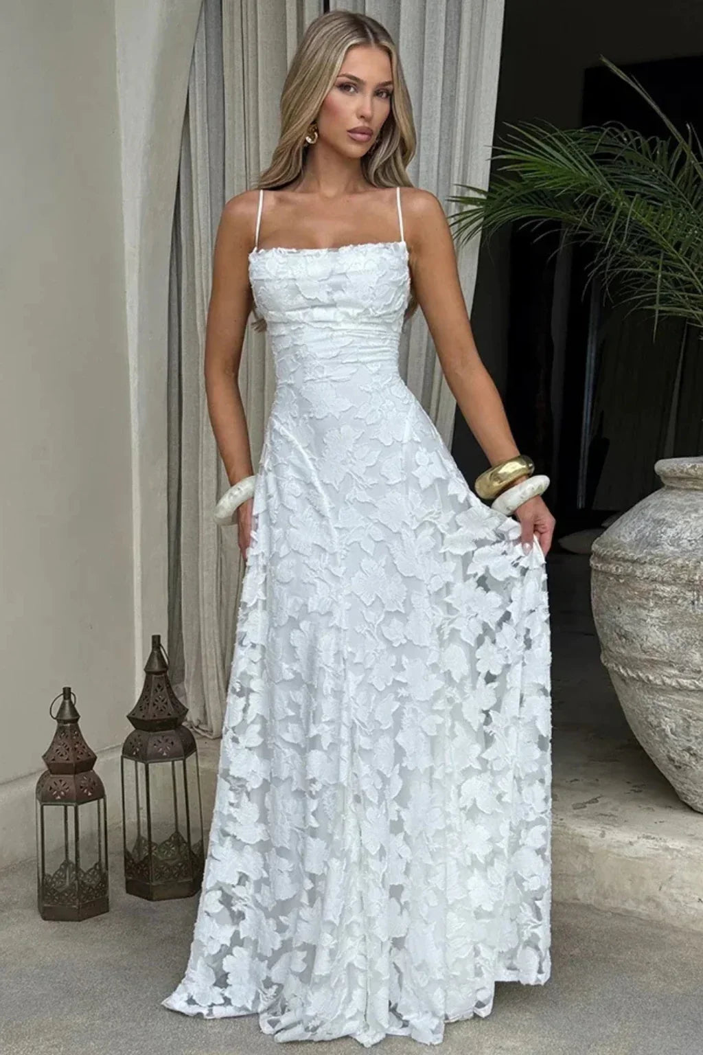 Floral jacquard formal maxi dress with spaghetti straps and lace-up open back - view 7