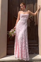 Floral jacquard formal maxi dress with spaghetti straps and lace-up open back - view 9