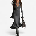 Ribbed half zip sweater dress with stand collar, bell sleeves and flared mermaid hem