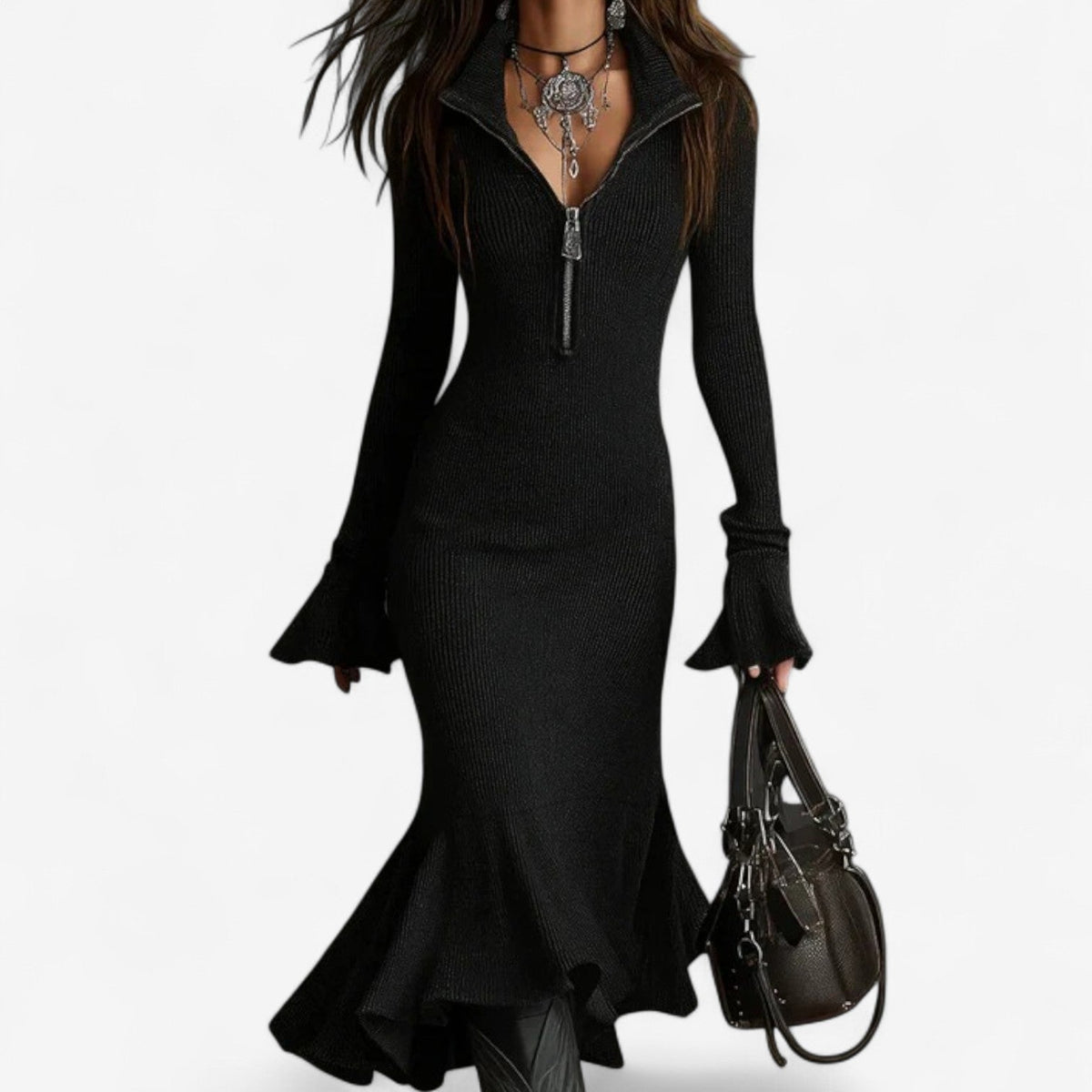 Ribbed half zip sweater dress with stand collar, bell sleeves and flared mermaid hem - view 4