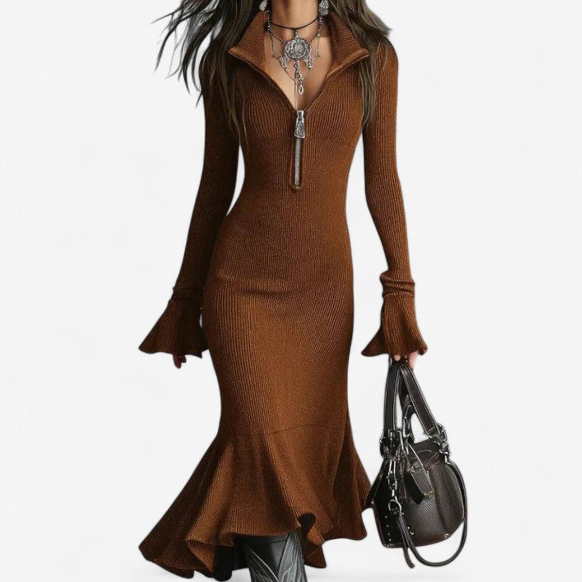 Ribbed half zip sweater dress with stand collar, bell sleeves and flared mermaid hem - view 6
