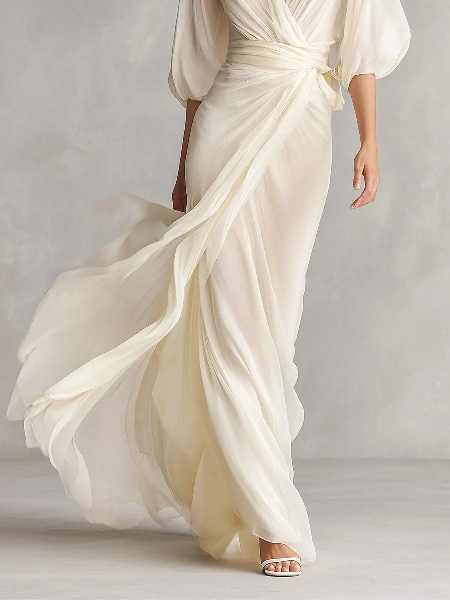 Isabelle | Women's Ivory Sheer Chiffon Dress With Puff Sleeves & Wrap Detail oaklynwear