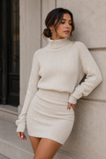Women's ribbed knit turtleneck sweater dress with long sleeves and fitted mini skirt - view 4