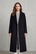 Woman wearing a long black double-breasted coat with notch lapels and six buttons - view 2