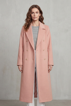 Woman wearing a long black double-breasted coat with notch lapels and six buttons - view 6
