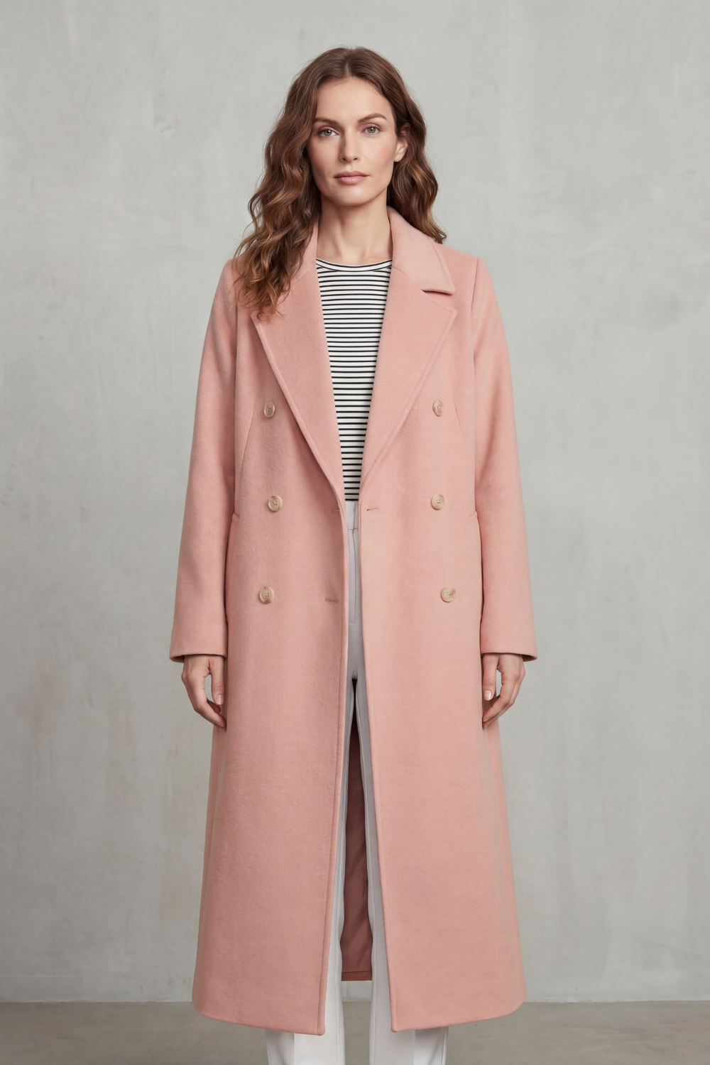 Woman wearing a long black double-breasted coat with notch lapels and six buttons - view 6