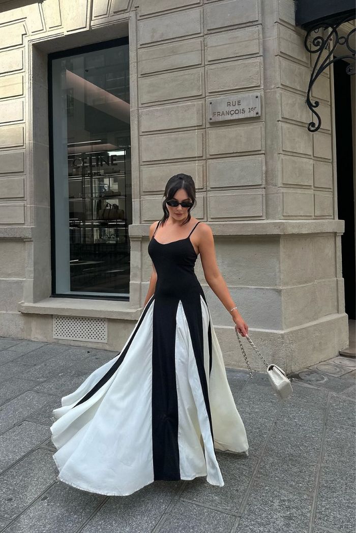 Black and ivory paneled maxi dress with spaghetti straps and flared godet skirt - view 12