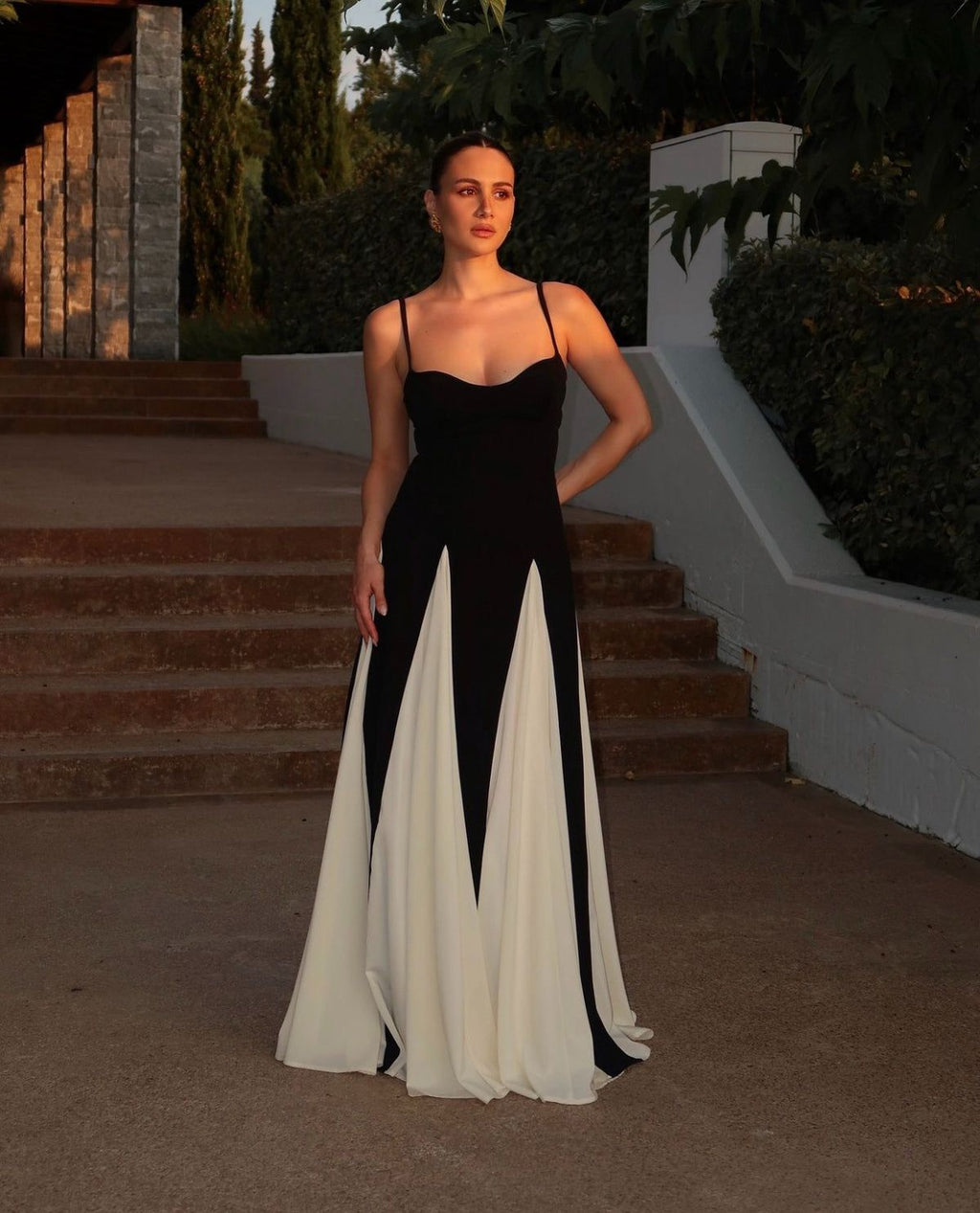 Black and ivory paneled maxi dress with spaghetti straps and flared godet skirt - view 4
